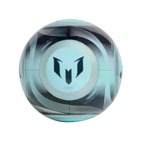 Soccer ball with a light blue and black design, featuring Lionel Messi's personal logo in the center and swirling graphic patterns.
