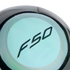 Close-up of a black soccer ball with a light blue circular panel featuring the stylized black "F50" logo.