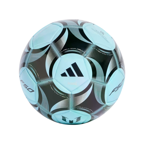 Light blue and black Adidas Messi F50 soccer ball featuring a modern geometric pattern, the Adidas three-stripes logo, and Messi branding.