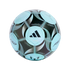 Light blue and black Adidas Messi F50 soccer ball featuring a modern geometric pattern, the Adidas three-stripes logo, and Messi branding.
