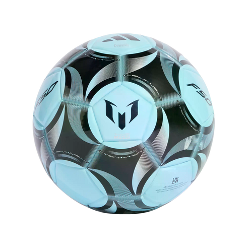 Light blue and black Adidas F50 soccer ball featuring Lionel Messi's logo and abstract patterns, centered on a black background.
