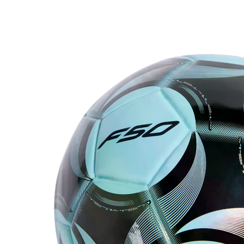 Close-up of a light blue and black soccer ball featuring the F50 logo and Messi 10 branding against a black background.