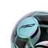 Close-up of a light blue and black soccer ball featuring the F50 logo and Messi 10 branding against a black background.