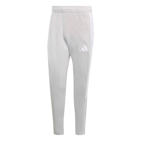 A pair of light grey Adidas track pants featuring three white stripes down the sides and a white logo on the left thigh.