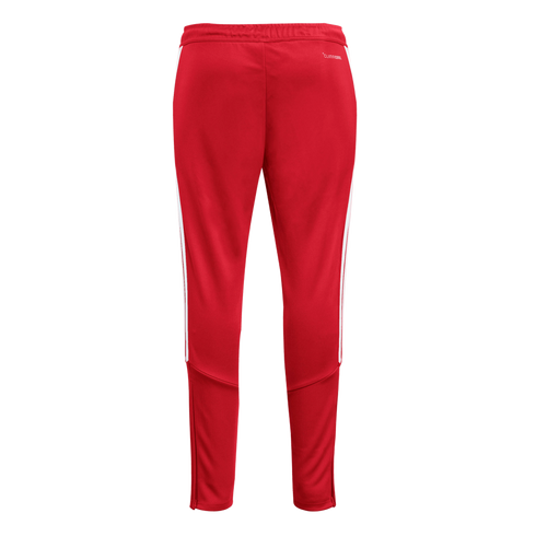 Back view of red Adidas track pants featuring white side stripes, textured lower leg panels, and a CLIMACOOL logo on the hip.