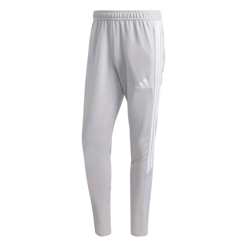 Light grey Adidas training pants featuring three white side stripes, an elastic waistband, and a white logo on the left thigh.