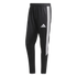 Black Adidas athletic pants featuring three white stripes down the side and a white logo on the left thigh.