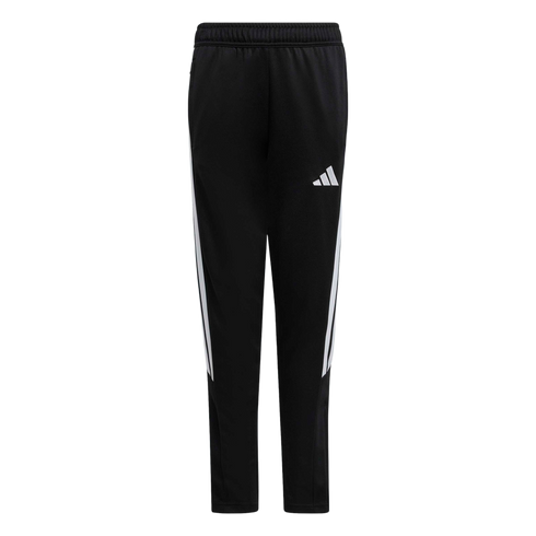 Black Adidas track pants with white stripes down the sides and a white logo on the left thigh.