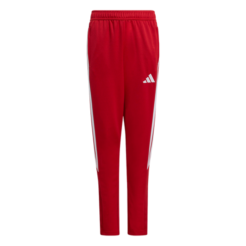Red Adidas tracksuit pants with white stripes on the outer legs and a white logo on the left thigh.