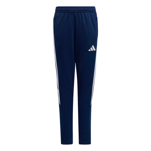 Navy blue Adidas track pants with white three-stripes on the sides and a white logo on the right thigh. Featuring an elastic waistband and tapered legs.
