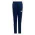 Navy blue Adidas track pants with white three-stripes on the sides and a white logo on the right thigh. Featuring an elastic waistband and tapered legs.