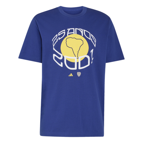 Blue t-shirt with a central graphic: "25 AÑOS 2001" in white framing a map of South America on a yellow circle. Small Adidas and Boca Juniors logos are below.
