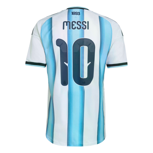 Back view of a light blue and white striped Argentina soccer jersey featuring the name "MESSI" and the number "10" in dark blue lettering.