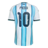 Back view of a light blue and white striped Argentina soccer jersey featuring the name "MESSI" and the number "10" in dark blue lettering.
