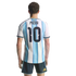 Back view of a man wearing an Argentina soccer jersey with "MESSI" and number 10, paired with dark blue shorts against a solid black background.