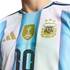 Close-up of an Argentina football jersey with blue and white stripes, featuring the FIFA World Champions 2022 patch, three-star AFA crest, and part of the number 10.