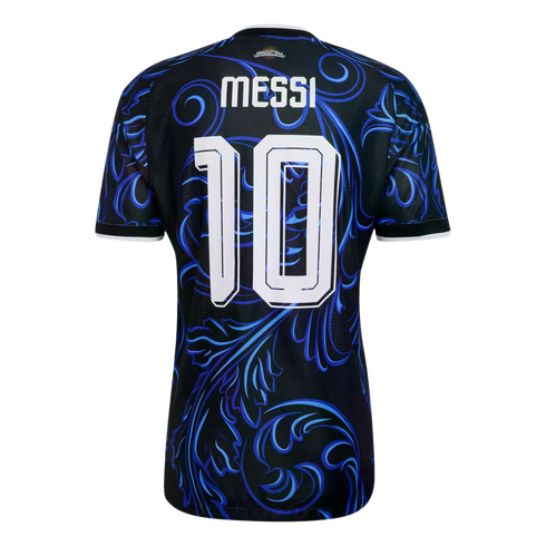 Back of a black Argentina soccer jersey featuring white "MESSI 10" text and an ornate blue floral swirl pattern.