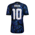 Back of a black Argentina soccer jersey featuring white "MESSI 10" text and an ornate blue floral swirl pattern.
