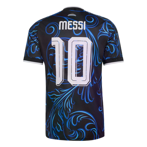 Back of a black Argentina soccer jersey with white "MESSI" and "10" lettering, featuring an intricate blue swirl pattern.