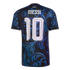 Back of a black Argentina soccer jersey with white "MESSI" and "10" lettering, featuring an intricate blue swirl pattern.