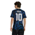 Rear view of a man wearing a black and blue patterned soccer jersey with "MESSI 10" on the back, against a solid black background.
