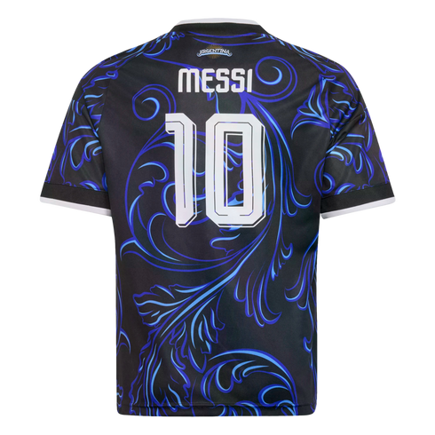 Back of a black Argentina soccer jersey with blue swirl patterns, featuring the name MESSI and the number 10 in white.