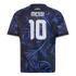 Back of a black Argentina soccer jersey with blue swirl patterns, featuring the name MESSI and the number 10 in white.