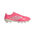 Vibrant pink Adidas Copa soccer cleat with iridescent silver three-stripes and a white soleplate, shown from the side.