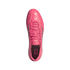 Top-down view of a bright pink Adidas soccer cleat with pink laces and silver accents, isolated on a white background.