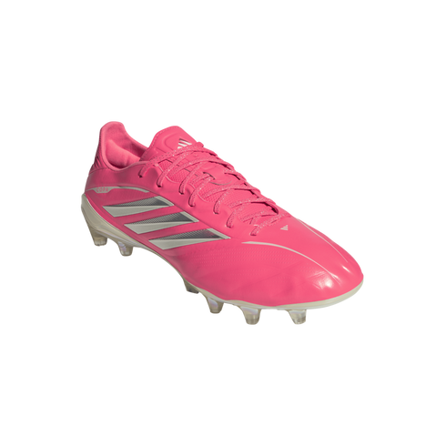 Vibrant pink Adidas Copa soccer cleat with silver stripes and matching pink laces on a white background.