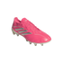 Vibrant pink Adidas Copa soccer cleat with silver stripes and matching pink laces on a white background.