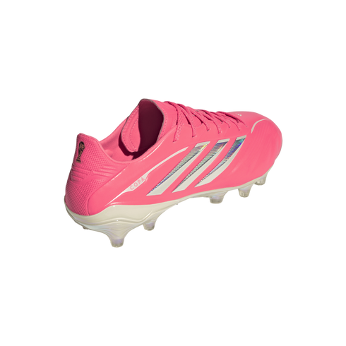 Bright pink Adidas Copa soccer cleat with silver iridescent stripes and white studs, shown from a rear side angle on a plain white background.