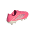 Bright pink Adidas Copa soccer cleat with silver iridescent stripes and white studs, shown from a rear side angle on a plain white background.