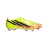 Profile of a neon yellow Adidas soccer cleat with black stripes and pink accents.