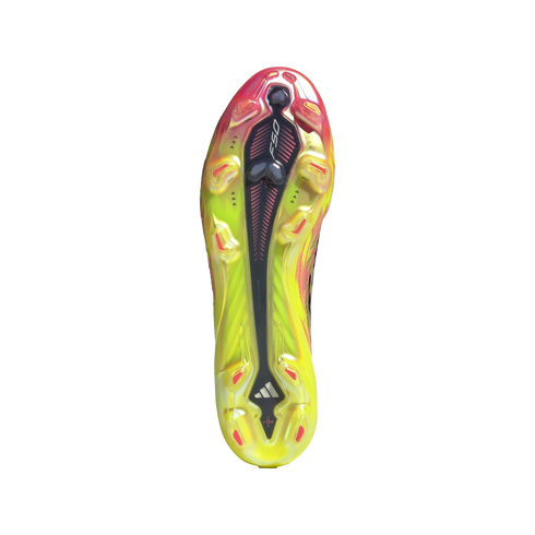 Bottom view of a neon yellow and pink Adidas F50 soccer cleat, showing its black traction plate and stud pattern.