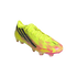 A neon yellow Adidas F50 soccer cleat featuring black stripes and pink accents, displayed at an angle against a solid black background.