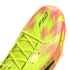 Close-up of a neon yellow and pink soccer cleat with black "F50" branding and matching yellow laces.