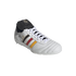 A white leather Adidas soccer shoe with German flag-colored stripes (black, red, and yellow) and a black tongue, shown against a solid black background.