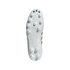 The white sole of an Adidas soccer cleat with molded studs and three small black toe studs, centered against a solid black background.