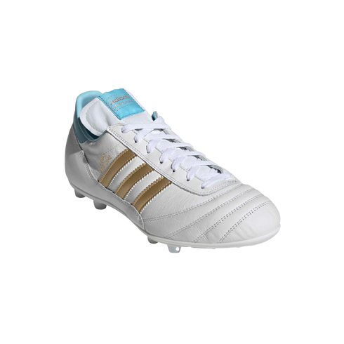 A white leather Adidas soccer cleat with gold side stripes and light blue accents, isolated on a black background.