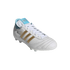 A white leather Adidas soccer cleat with gold side stripes and light blue accents, isolated on a black background.