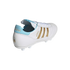 White Adidas Copa Mundial soccer cleat with gold stripes and light blue trim. Features the Argentina AFA crest on the heel. Set against a black background.