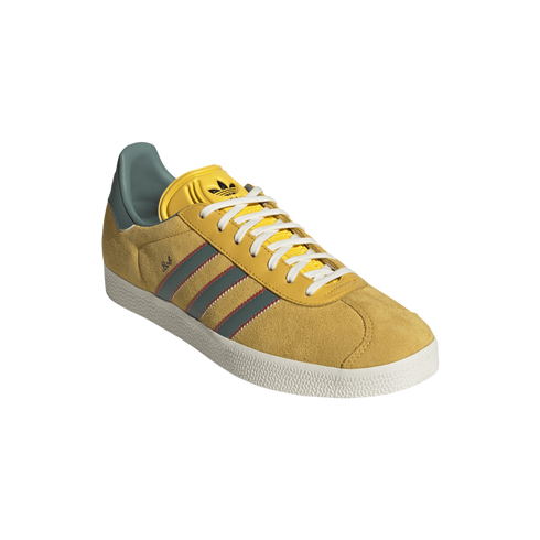 Yellow suede Adidas sneaker with three teal stripes accented in red, white laces, a white sole, and gold "Bob" script on the side.