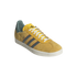 Yellow suede Adidas sneaker with three teal stripes accented in red, white laces, a white sole, and gold "Bob" script on the side.
