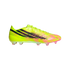 Neon yellow Adidas F50 soccer cleat with black and pink graphic accents. Side view shows translucent studs and "HYPERFAST" branding against a black background.