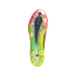 The vibrant underside of an Adidas soccer cleat, featuring a neon yellow, green, and pink gradient soleplate with black studs, isolated on a black background.