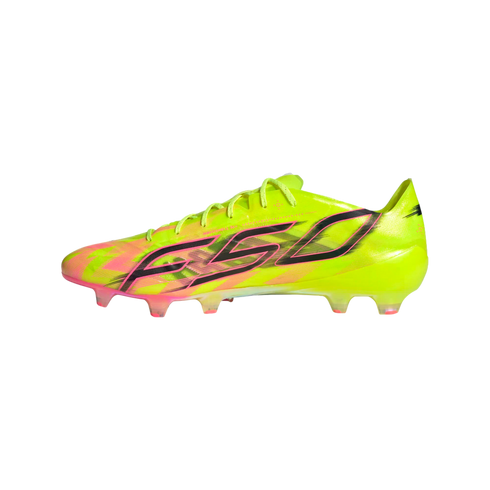 A neon yellow Adidas F50 soccer cleat with pink and black accents and "F50" lettering on the side, shown from a side profile against a black background.