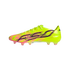 A neon yellow Adidas F50 soccer cleat with pink and black accents and "F50" lettering on the side, shown from a side profile against a black background.
