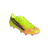Neon yellow soccer cleat with vibrant pink and black graphic patterns, set against a solid black background.