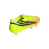 Neon yellow Adidas F50 soccer cleat with black stripes and pink accents, shown from a rear side angle against a solid black background.